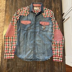 Women's Denim and Plaid Button Down Shirt
